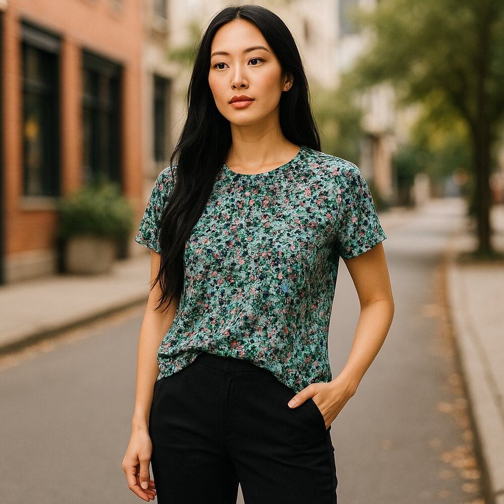 Tulle Womens Blouse‎ Size Medium Floral Sheer Green Pink Blue Oversized NEW